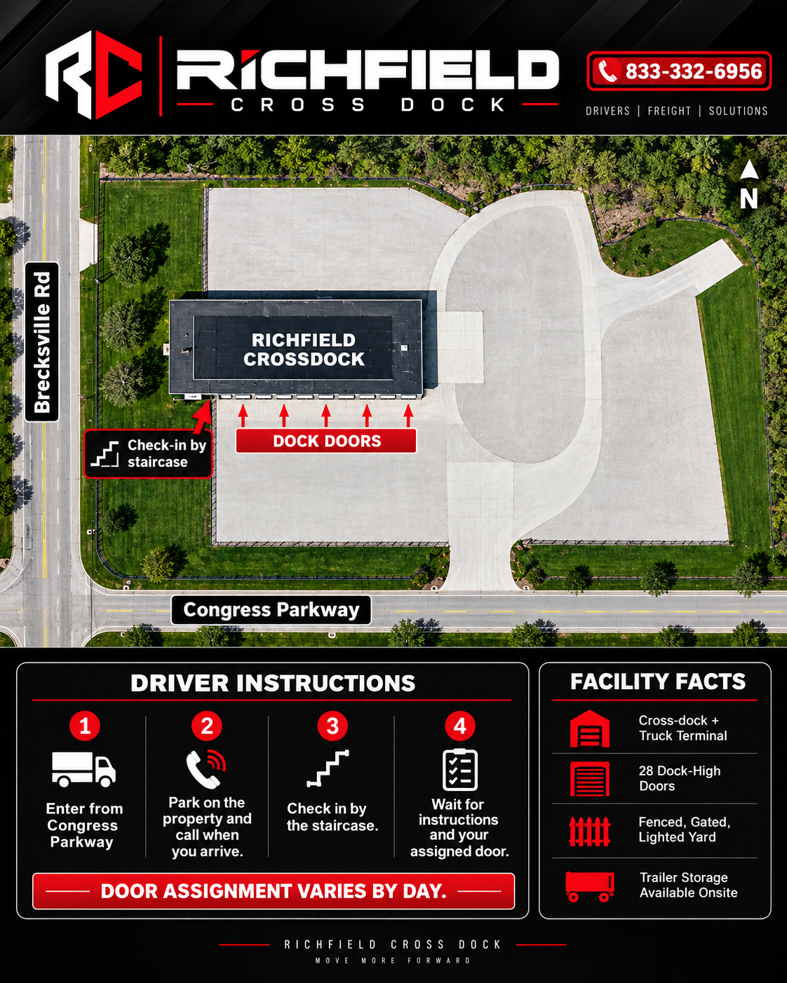 Aerial facility diagram marking the truck entrance, staging route, and driver check-in stairs