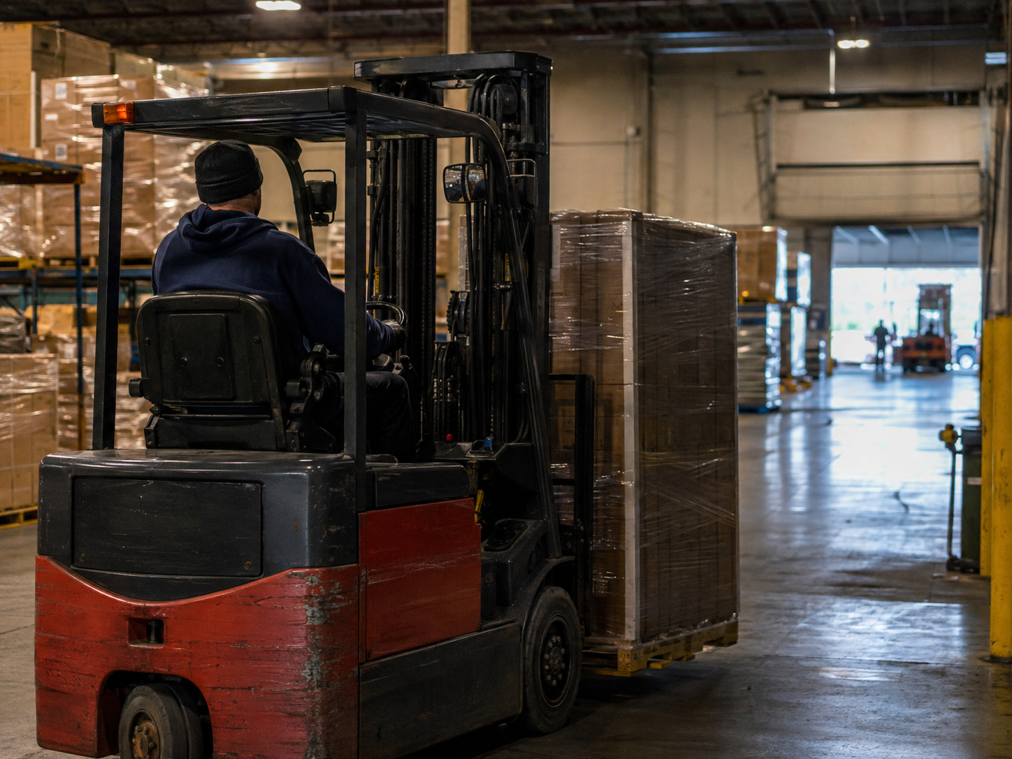 Forklift operator moving wrapped freight inside a warehouse