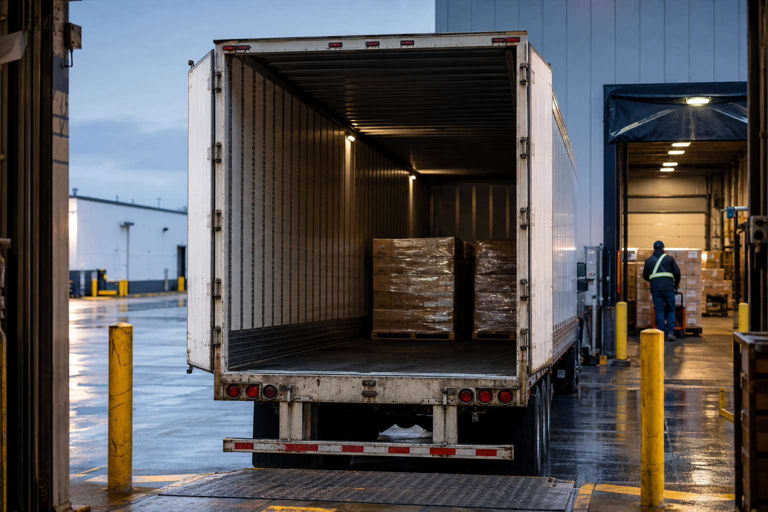 Tractor-trailer positioned for freight transfer at a commercial cross-dock
